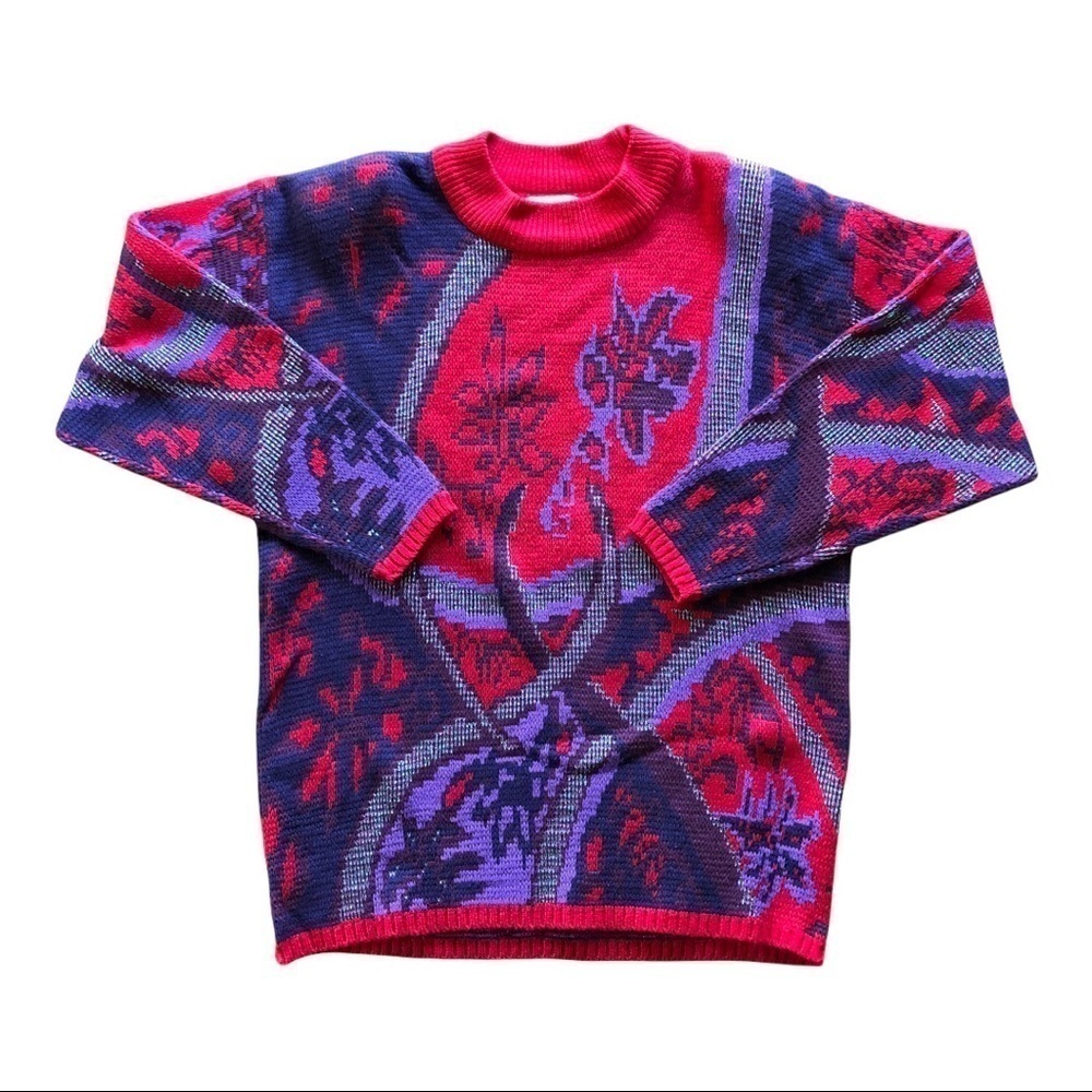 VINTAGE 80s Floral Graphic Knit Metallic Thread Pullover Crew‎ Neck Sweater S